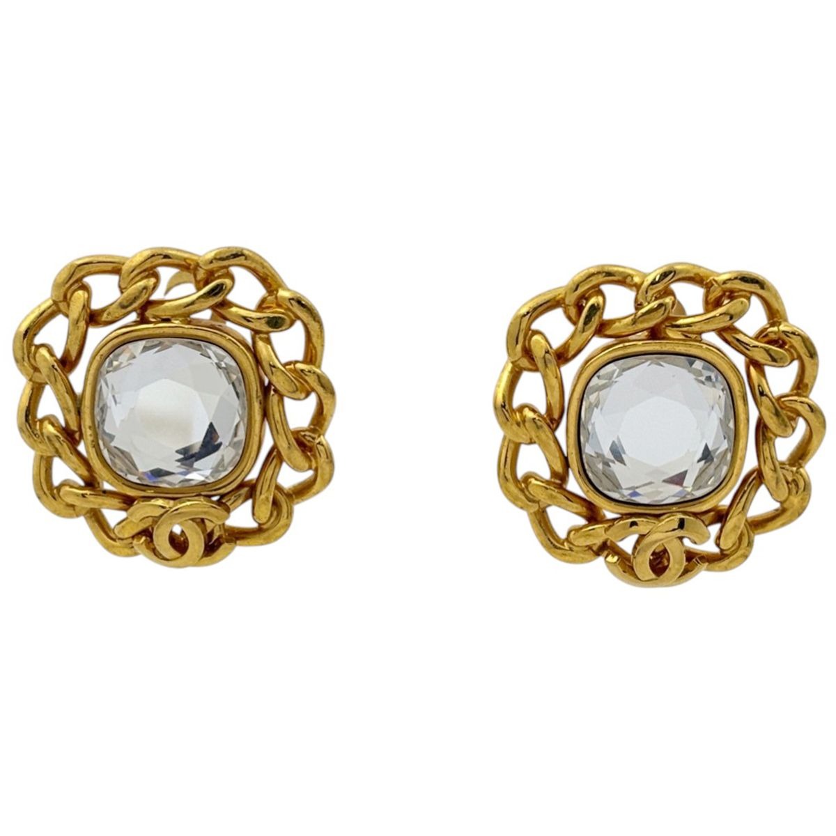 Chanel CC Logo Rhinestone Earrings Gold Plated
