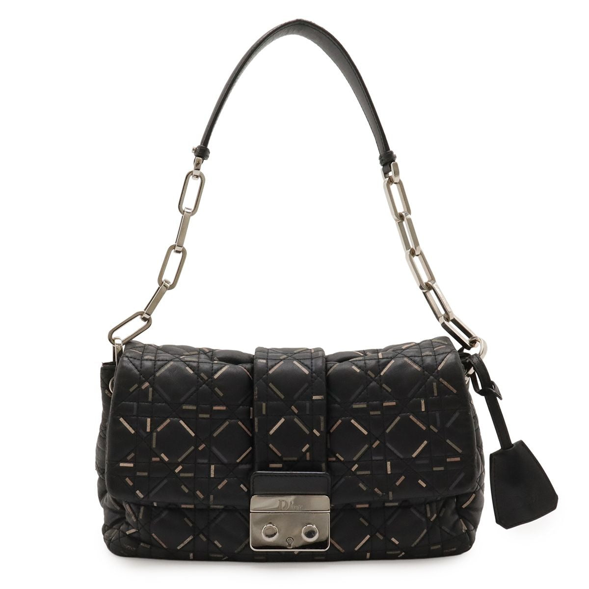 Dior Christian New Rock Cannage Chain Shoulder Bag Leather Black Silver