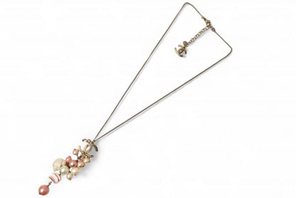 Chanel Long Necklace Pendant Chnael Coco CC Pearl Shell Motif Antique Gold Rose