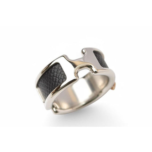Hermes Ring Olympe Leather Metal Size M 13 Black Silver Accessorie