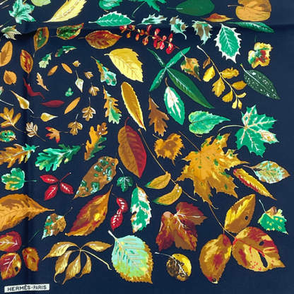 Hermes Scarf Silk Tourbillon Swirl Falling Leaves Leaf Pattern Black