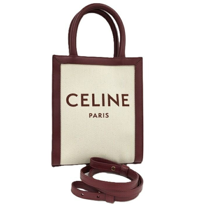 Celine Mini Vertical Cabas 2-Way Handbag Canvas Leather Ivory Bordeaux