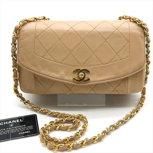 Chanel Diana Quilted Lambskin CC Logo Shoulder Bag Beige