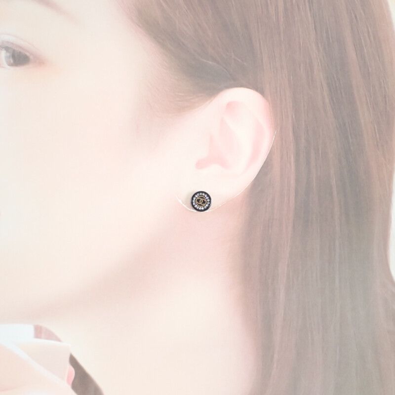 Chanel CC Round 17A Earrings Rhinestone Black Silver Hardware Ladies [AB Rank]
