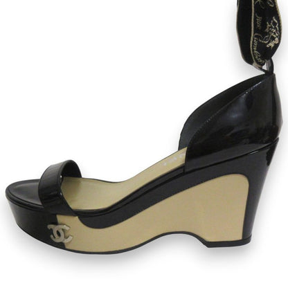 Chanel Patent Leather Platform Ribbon Ankle Strap Heeled Sandals 37.5 Approx