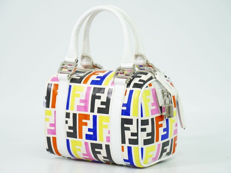 Authentic Fendi Zucca Mini Boston Bag Handbag PVC White Multicolor 8bl071 Zucca