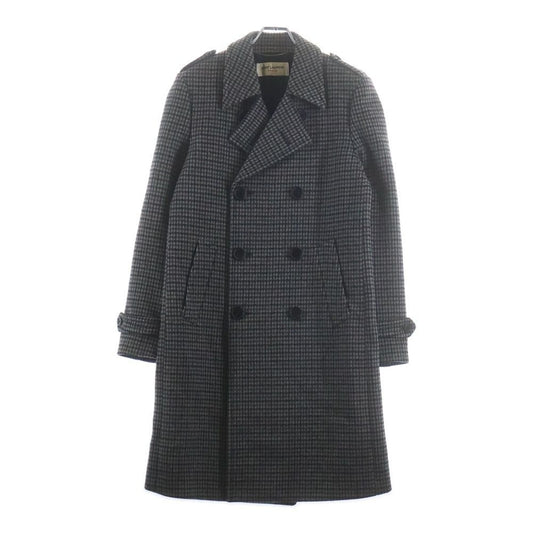Saint Laurent Paris Houndstooth Double Breasted Wool Coat Gray