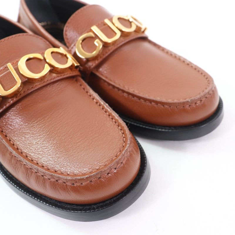 Gucci 700036 Logo Metal Leather Loafer Brown Gold Hardware 35 With Box And
