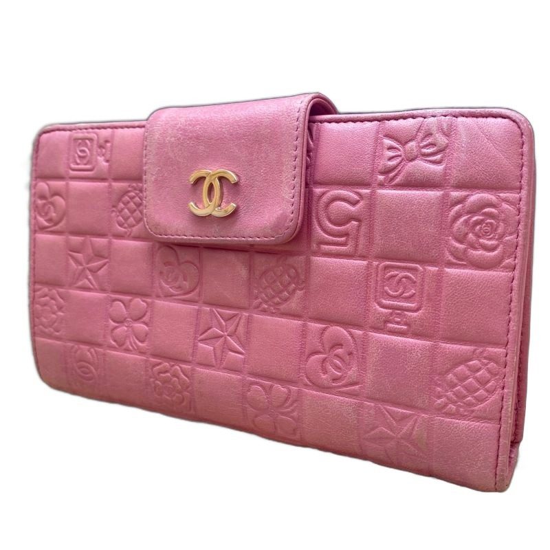 Chanel Icon Line Clasp Bifold Wallet Chocobar Pink CC Logo