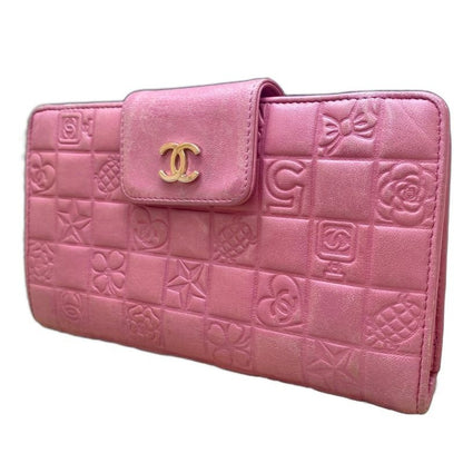 Chanel Icon Line Clasp Bifold Wallet Chocobar Pink CC Logo