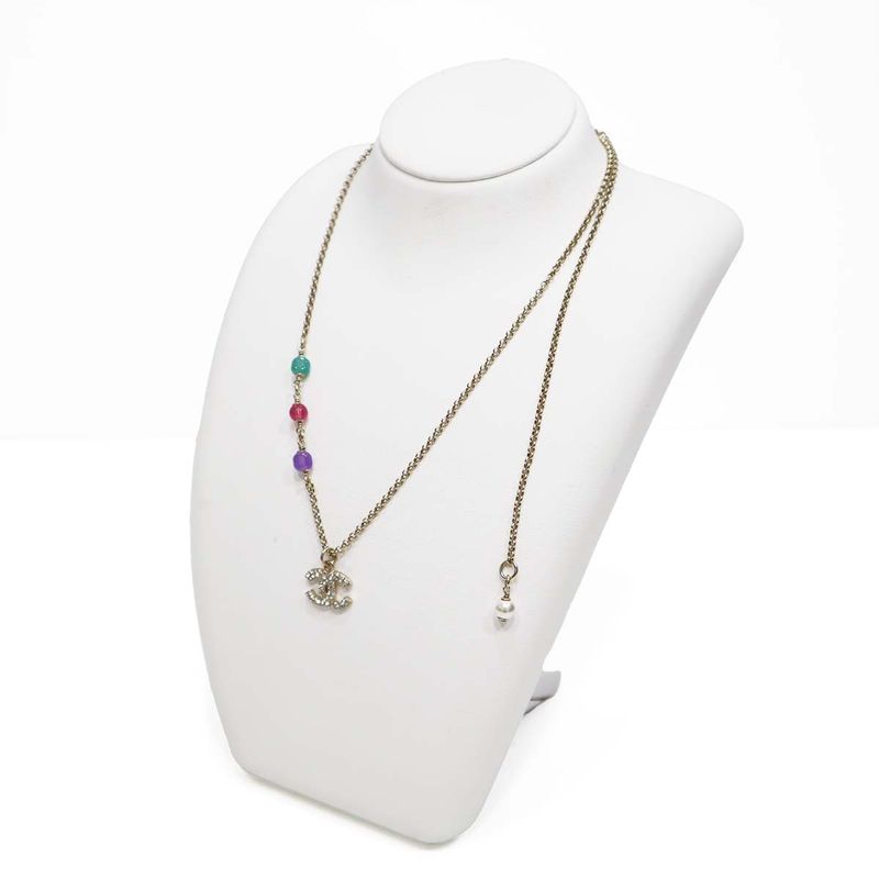 Chanel Necklace Coco Mark Rhinestone Three Color Beads Gold Color 9.3g H21032