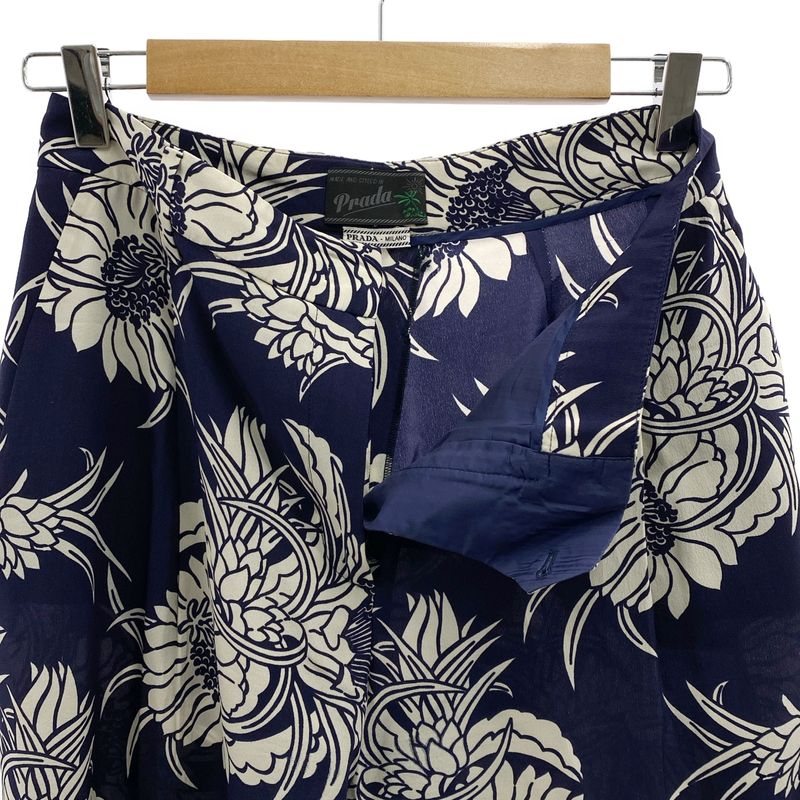 Prada - Silk Allover Flower Print Tapered Pants - 38S - Navy White - Women's