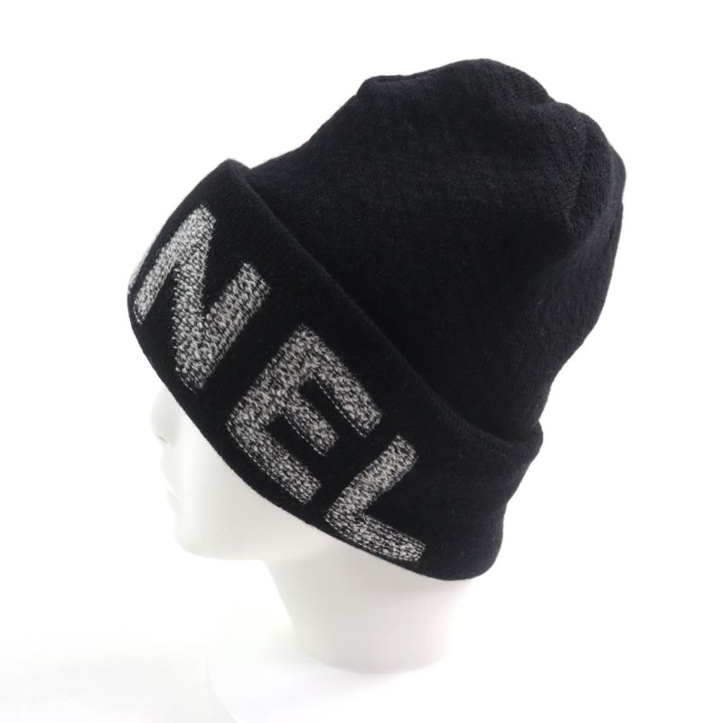 CHANEL Wool Cashmere Blend Logo Design Knit Hat Knit Cap Hat Black Made In