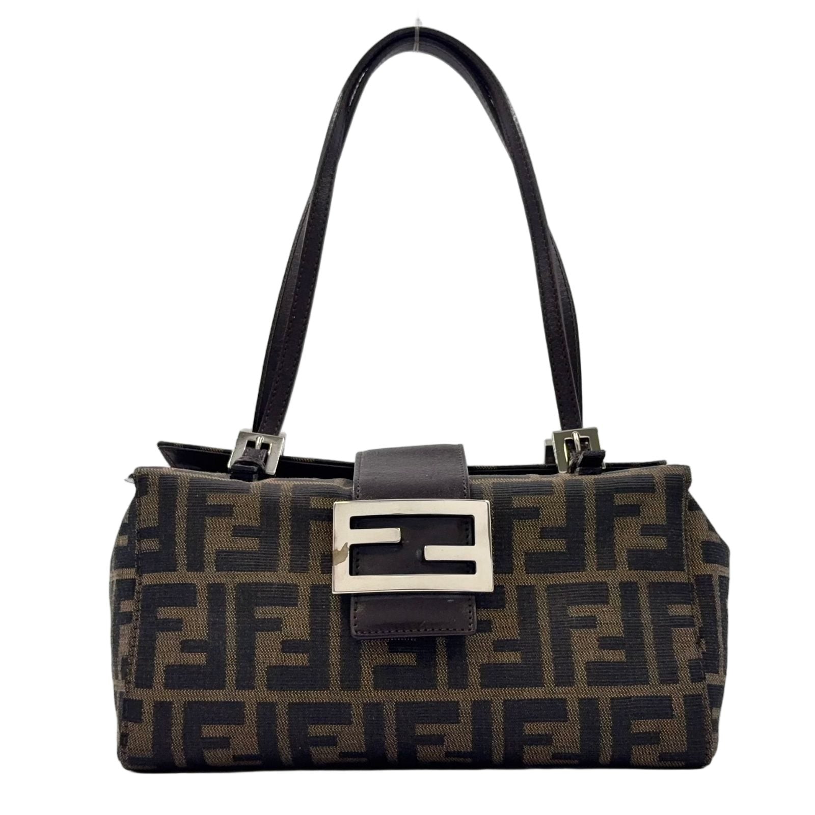 Fendi Zucca Pattern Square Leather Canvas Brown Beige Handbag Silver