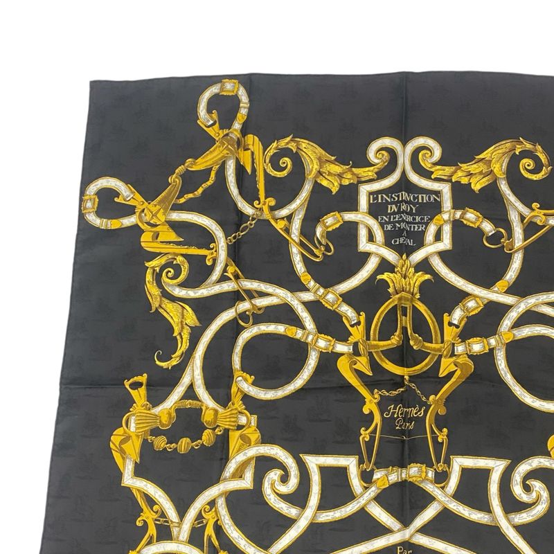 Hermes Carre 90 Scarf Silk L'instrvction DVRO Crested Black And Gold