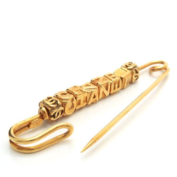 Chanel Brooch Safety Pin 01P Logo Cube GP Gold Color With Box Chanel