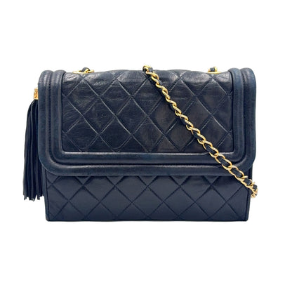 Chanel Quilted Fringe Lambskin Black Chain Shoulder Bag Gold