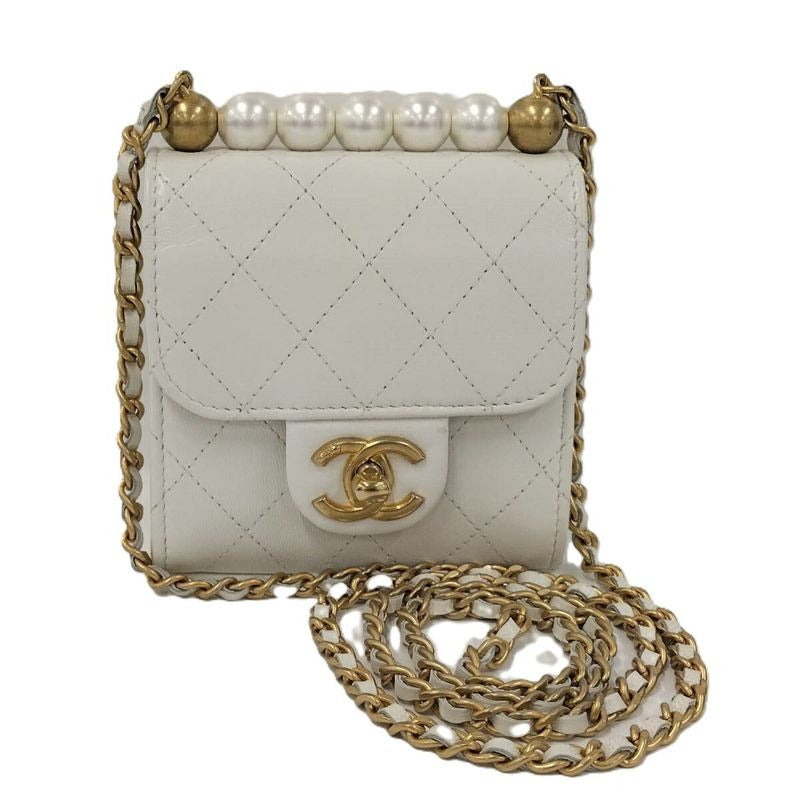 Chanel Pearl Chain Clutch Shoulder Bag Quilted Leather White