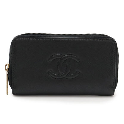 Chanel Coco Mark Round Zipper Wallet Caviar Leather Black Gold Hardware