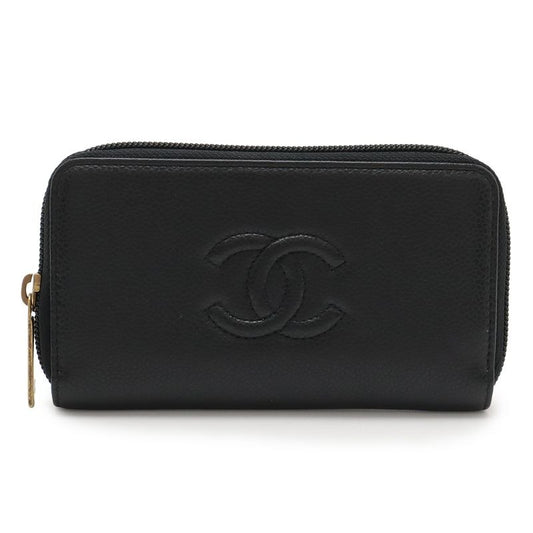 Chanel Coco Mark Round Zipper Wallet Caviar Leather Black Gold Hardware