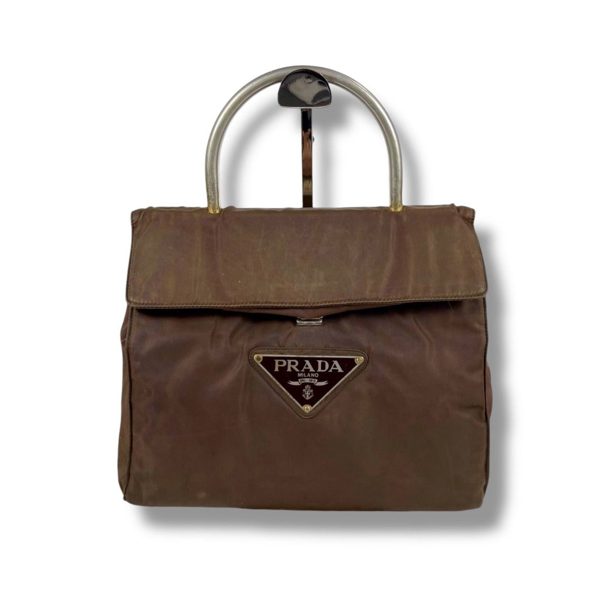 Prada Triangle Logo Top Handle Bag Handbag Tessuto Nylon Brown