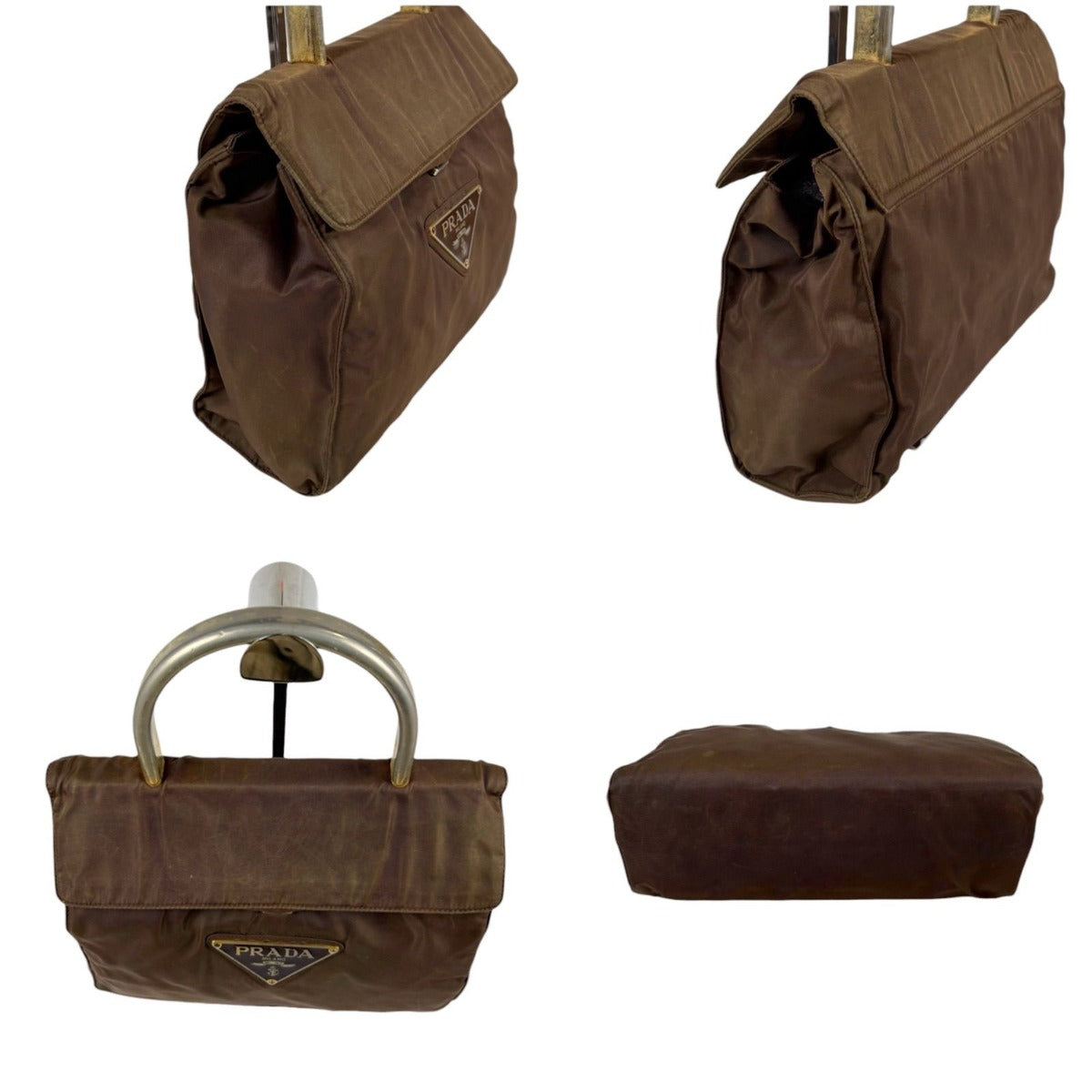 Prada Triangle Logo Top Handle Bag Handbag Tessuto Nylon Brown — view 4