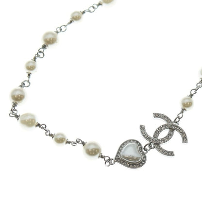 Chanel CC Logo Pearl Necklace Heart Pendant Chain Silver White