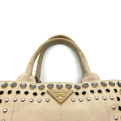 Prada Canapa Bijoux Tote Handbag Studded Canvas Beige Ivory Women's