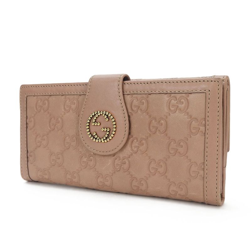 Gucci W Hook Long Wallet Fold Guccissima GG Pink Beige Leather Wallet Ladies