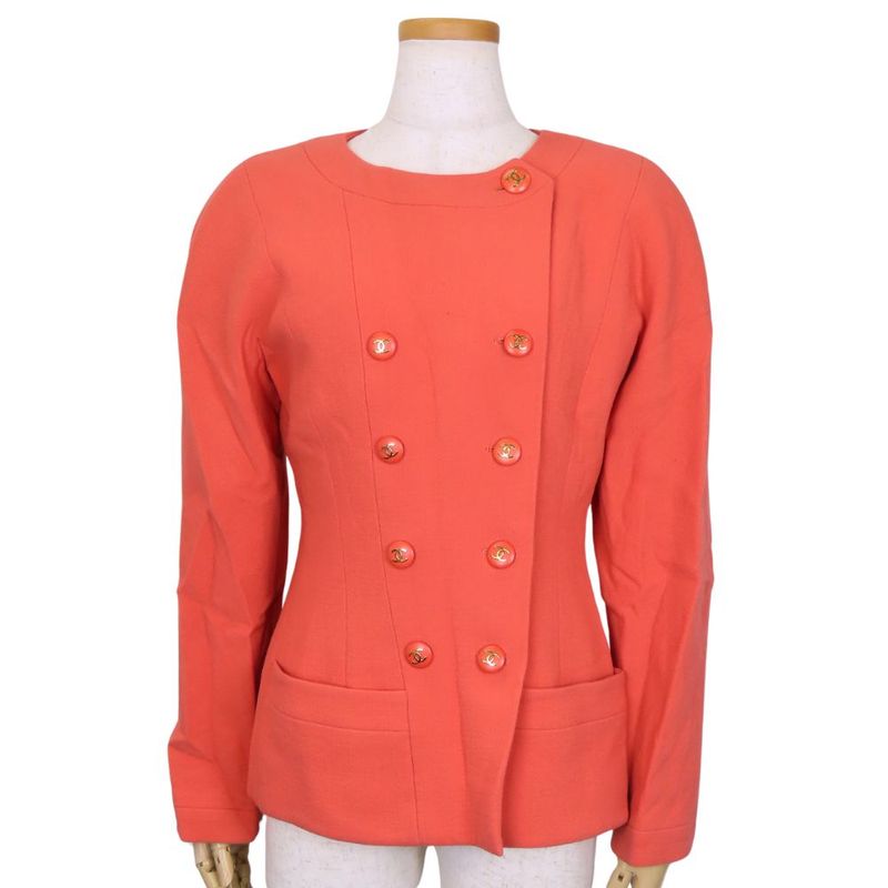 Chanel Collarless Jacket C-tk-5914 Coco Mark 36 Wool Silk Pink Double Apparel