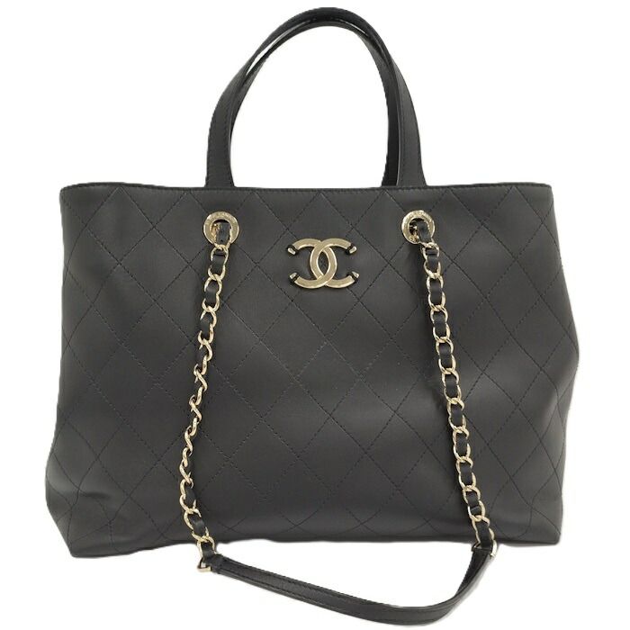 Chanel 2WAY Chain Tote Bag Coco Mark Leather Black As1434
