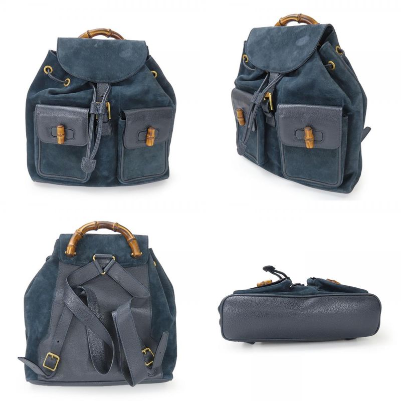 Gucci Backpack Daypack 003.58.0016 Bamboo Suede Leather Navy Gold Hardware