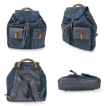 Gucci Backpack Daypack 003.58.0016 Bamboo Suede Leather Navy Gold Hardware