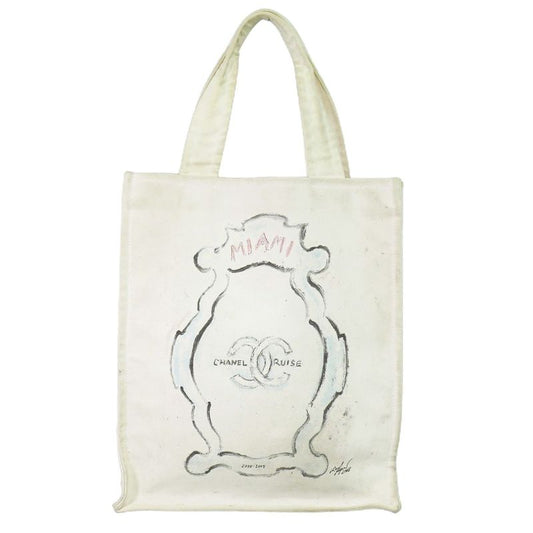 Authentic Chanel Coco Mark Miami Cruise Line Tote Handbag Canvas White Bag