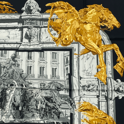 Hermes Scarf Silk Carre 90 Bartholdi Fountain Black And Gold