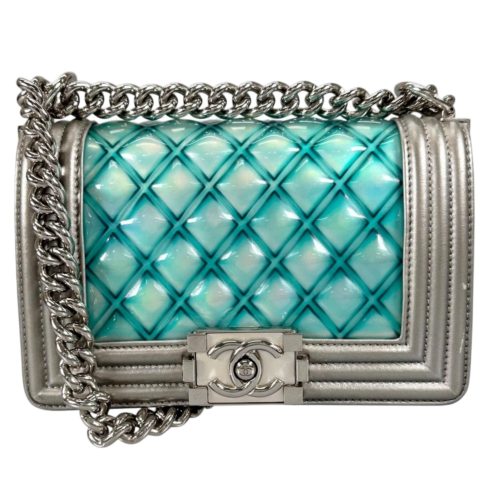 Chanel Boy Patent Leather Lambskin Silver Light Blue Shoulder Bag