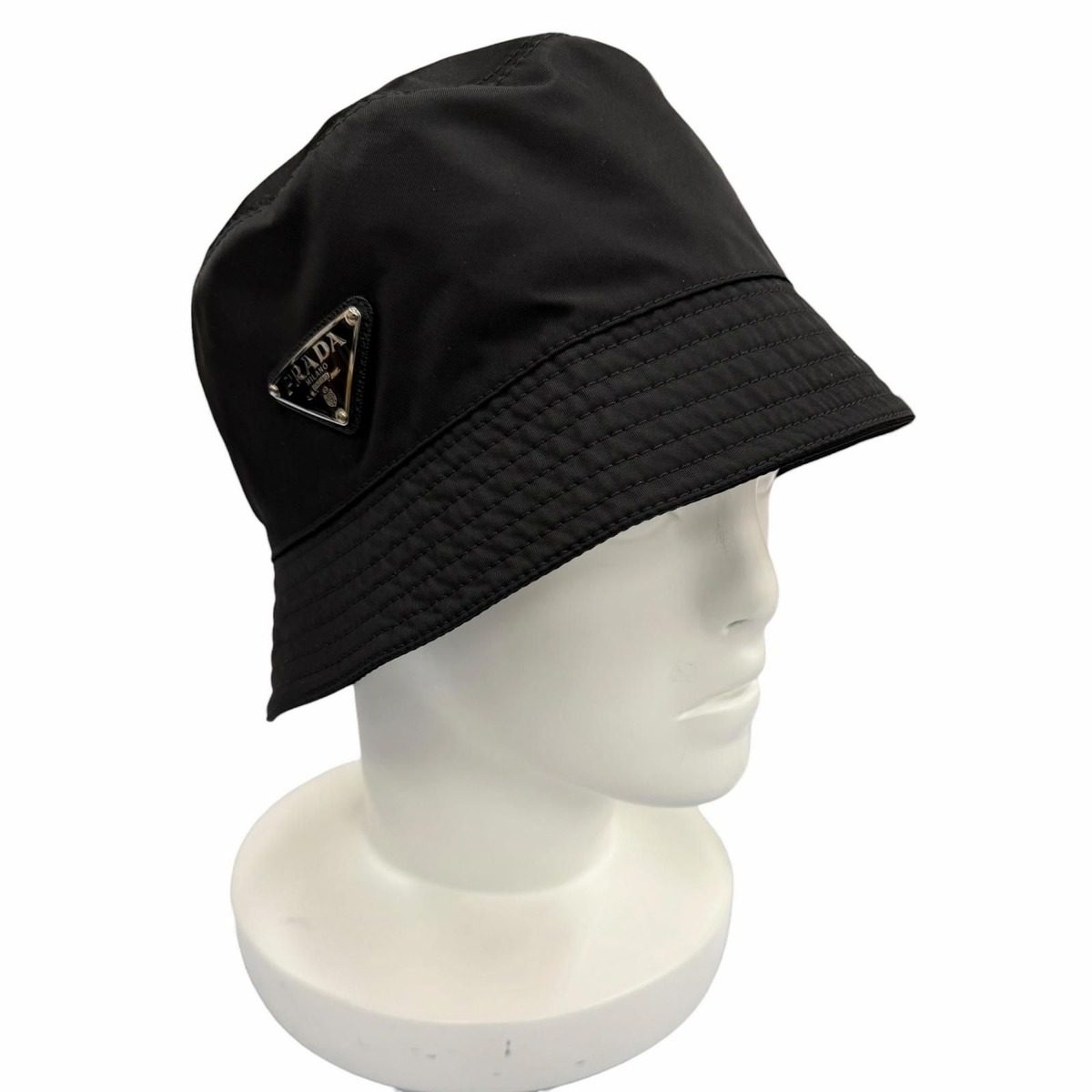 Prada Re-Nylon Leather Triangle Logo Bucket Hat Black