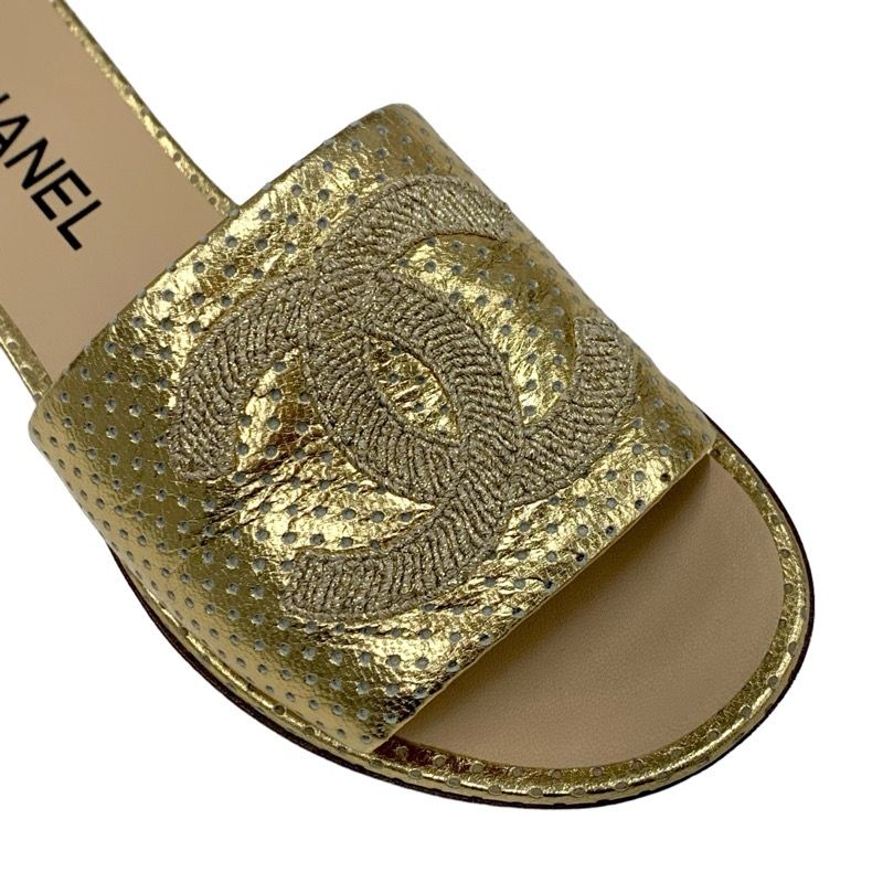 Chanel Sandals Shoes Leather Gold Flat Sandals Mules Coco Mark Punching