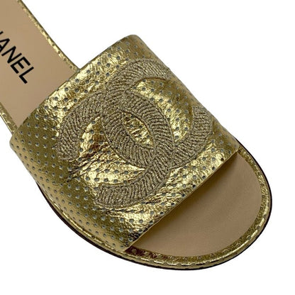 Chanel Sandals Shoes Leather Gold Flat Sandals Mules Coco Mark Punching