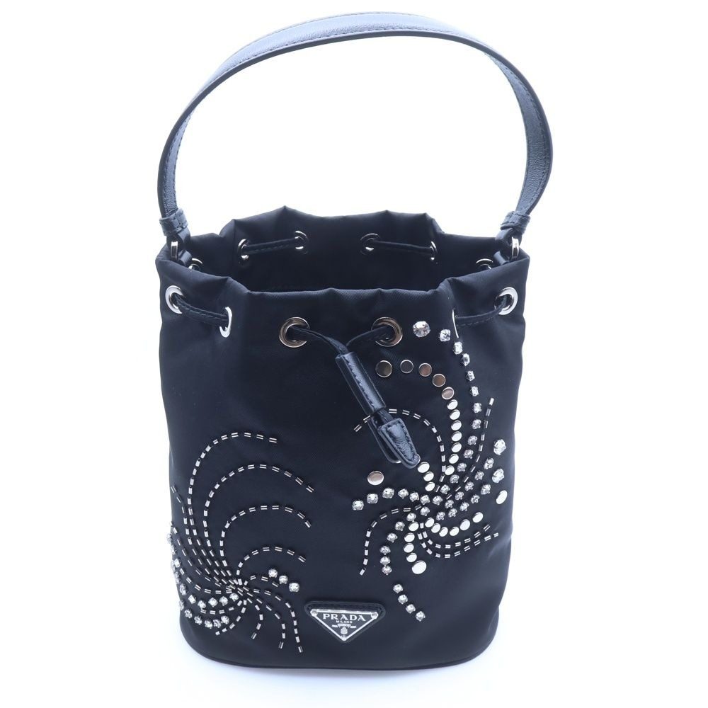 Prada Re-Nylon Triangle Logo Line Stone Bucket Bag 2-Way Black Nylon Silver