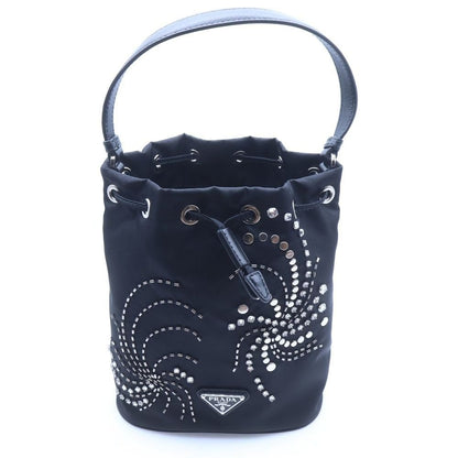 Prada Re-Nylon Triangle Logo Line Stone Bucket Bag 2-Way Black Nylon Silver
