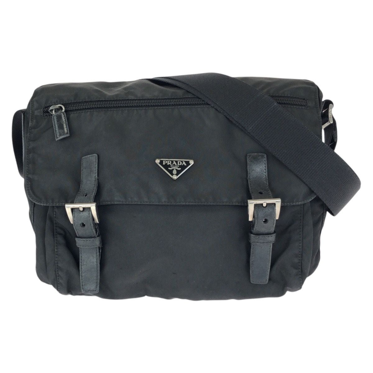 Prada Tessuto Black Silver Nylon Leather Shoulder Bag