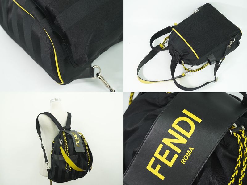 Authentic Fendi Strike Pecan 2WAY Backpack Sac Shoulder Bag Nylon Leather Black