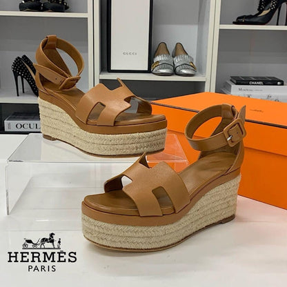 Hermes Herda Leather Wedge Sole Espadrille Strap Sandals