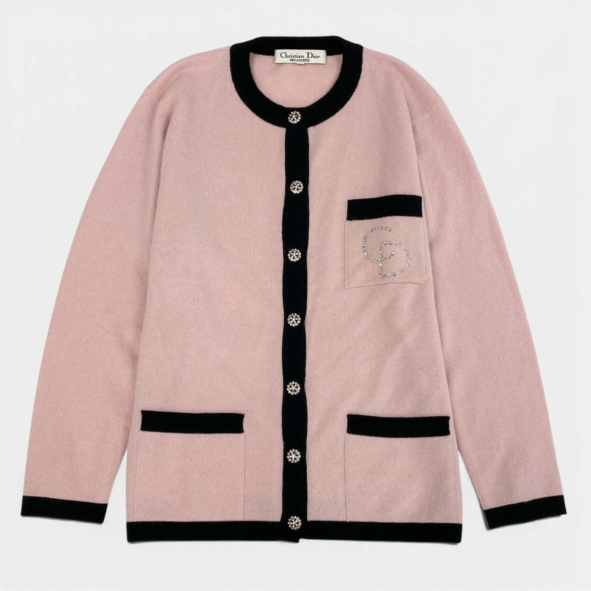 Dior Vintage Cashmere Knit Rhinestone Logo Cardigan