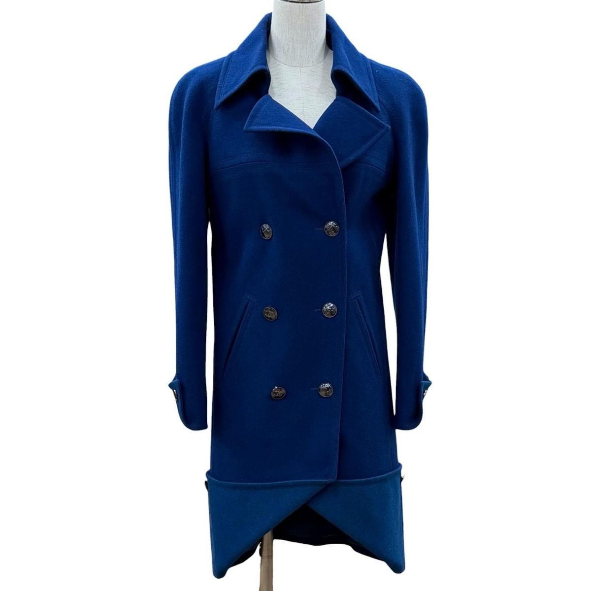 Chanel CC Logo Button Lining Silk Double Breasted Wool Coat Blue 36
