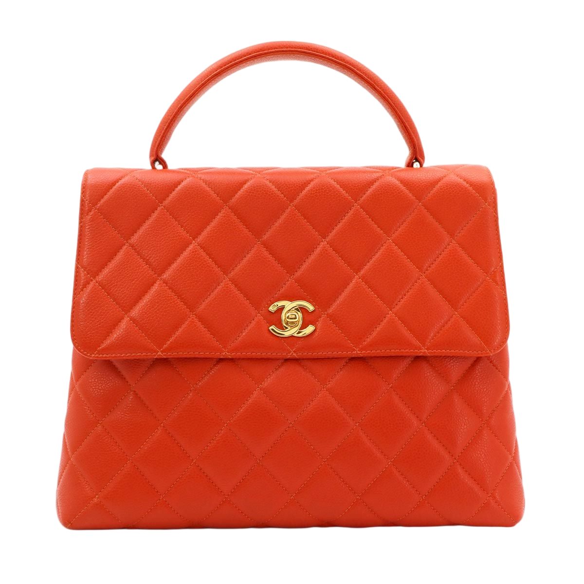 Chanel Quilted Hand Bag Caviar Leather Orange Gold Vintage