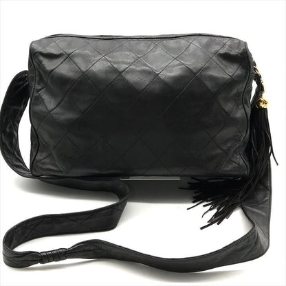 Chanel CC Logo Quilted Lambskin Fringe Shoulder Bag Crossbody Black