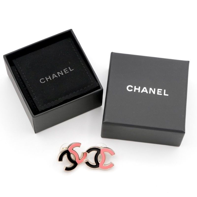 Chanel Earrings Earring Gold Black Pink Coco Mark Bicolor