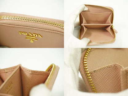 Authentic Prada Leather Round Zipper Coin Case Coin Purse Pink Wallet Pre-owned